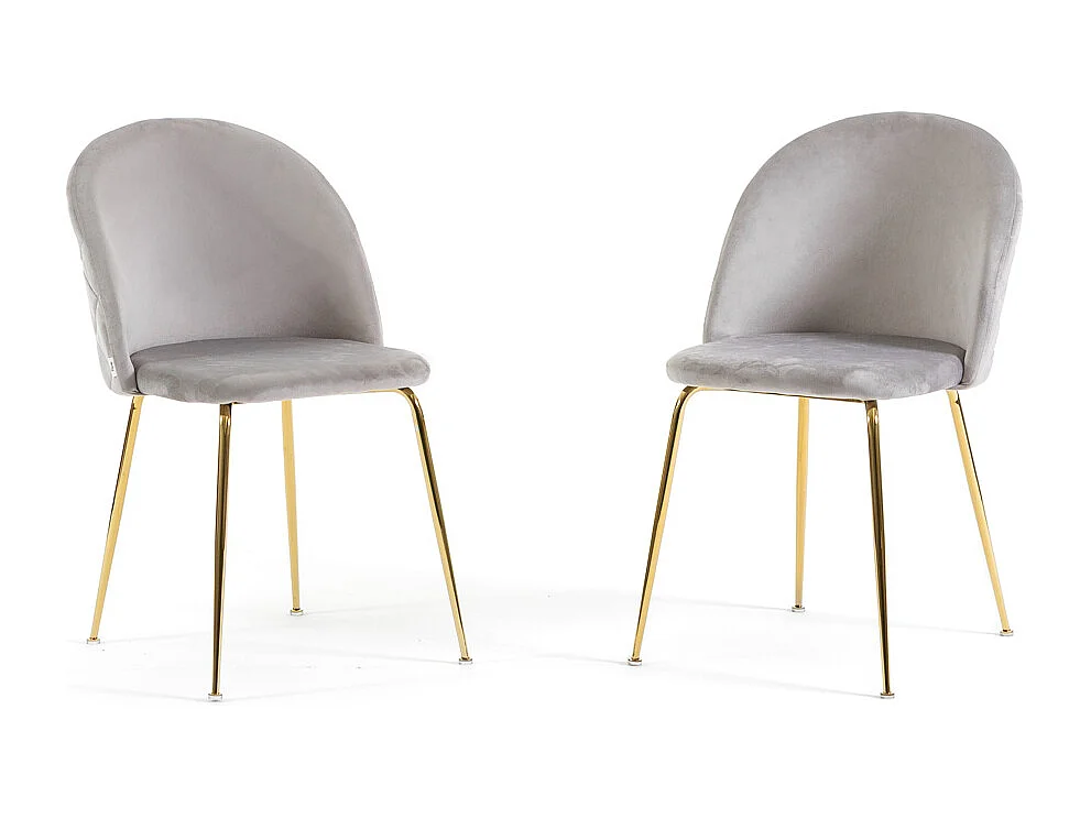 Lot de 2 chaises en velours avec pieds en métal, design élégant pour cuisine, salle à manger, bar ou restaurant – Sara – Gris clair/Or