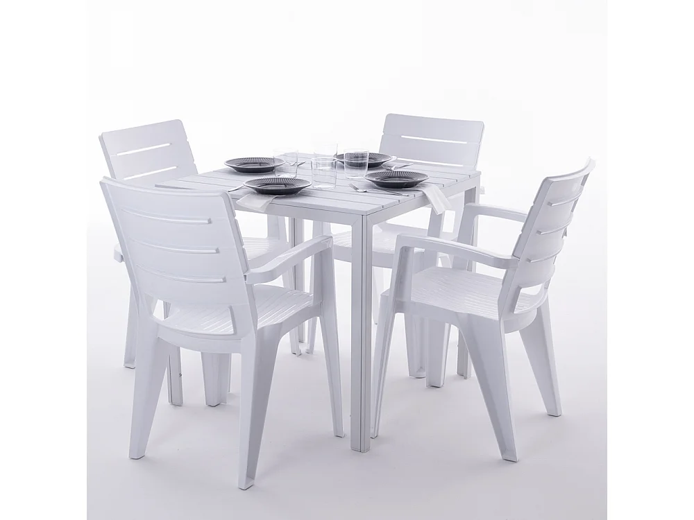 Table de jardin carrée 78x78 cm,structure en acier et plateau effet bois,style moderne pour jardin ou terrasse - GABRIEL - Blanc