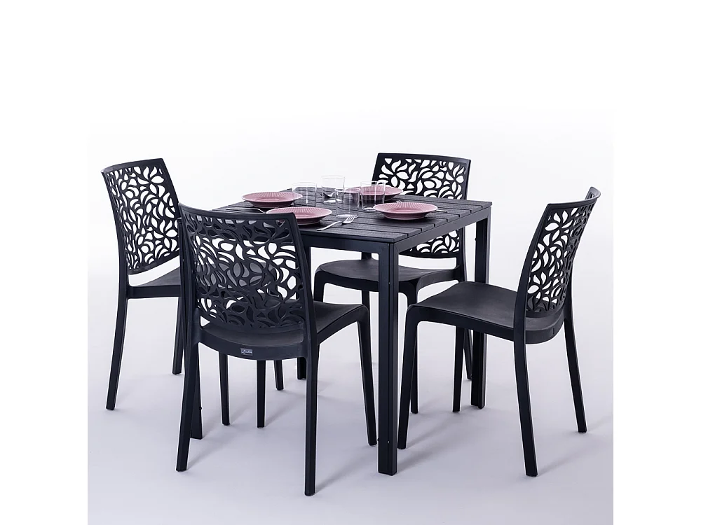 Table de jardin carrée 78x78 cm,structure en acier et plateau effet bois,style moderne pour jardin ou terrasse - GABRIEL - Noir