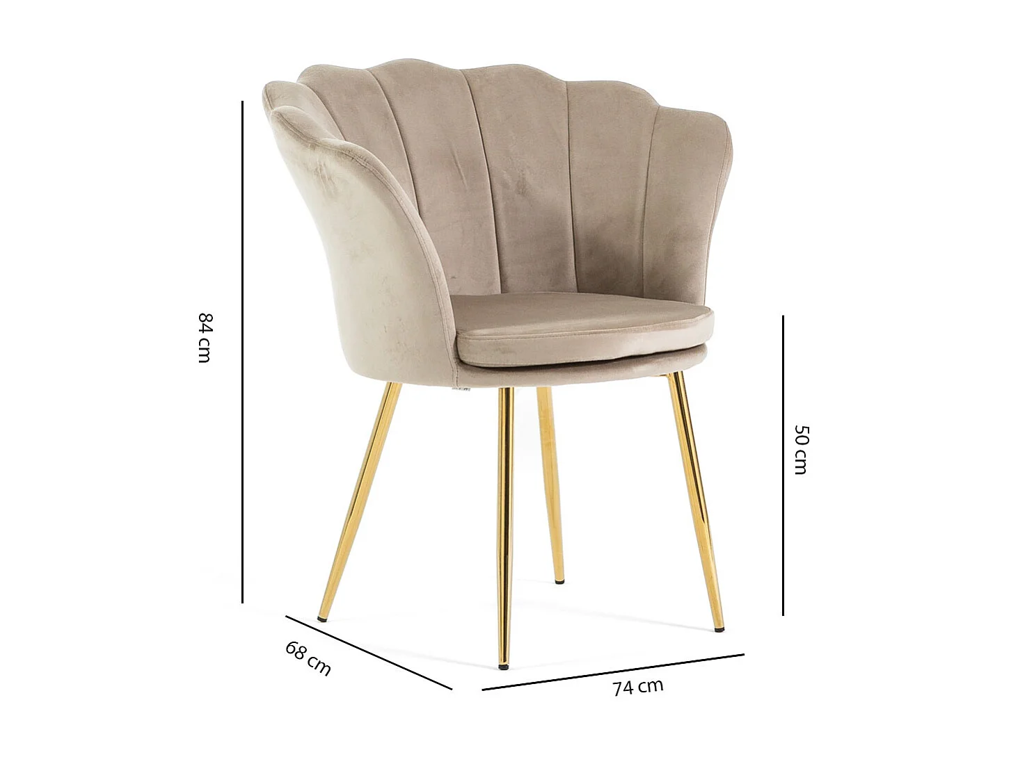 Fauteuil en velours d’intérieur en forme de coquillage,design raffiné et élégant,avec pieds en métal,idéal pour la chambre ou le salon–Shelly–Beige/Or