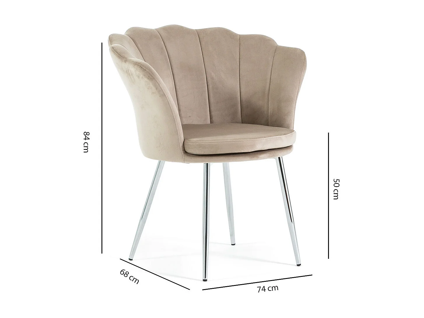 Fauteuil en velours d’intérieur en forme de coquillage,design raffiné,élégant,avec pieds en métal, pour la chambre ou le salon–Shelly–Beige/Argent