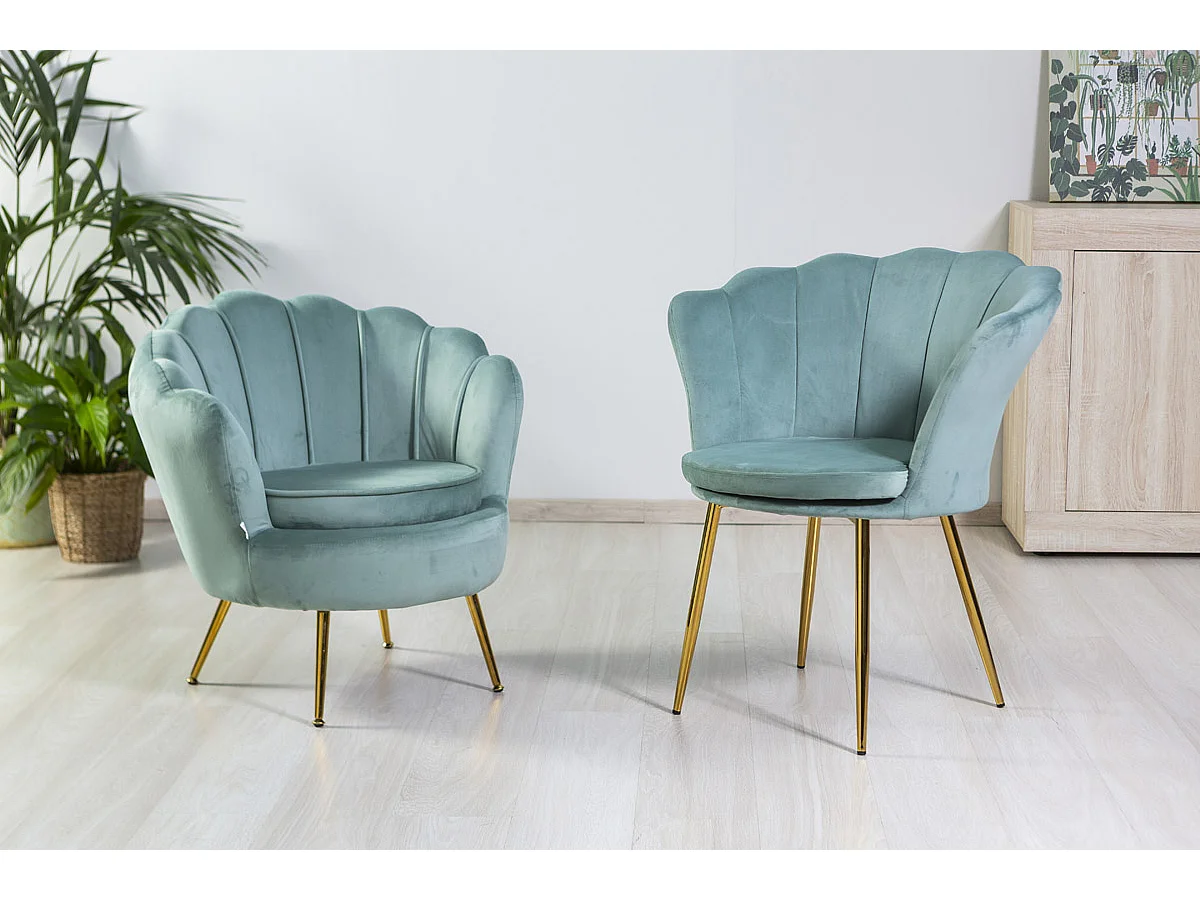 Fauteuil en velours d’intérieur en forme de coquillage,au design raffiné et élégant,pieds en métal,idéal pour chambre ou salon–Shelly–Vert/Or