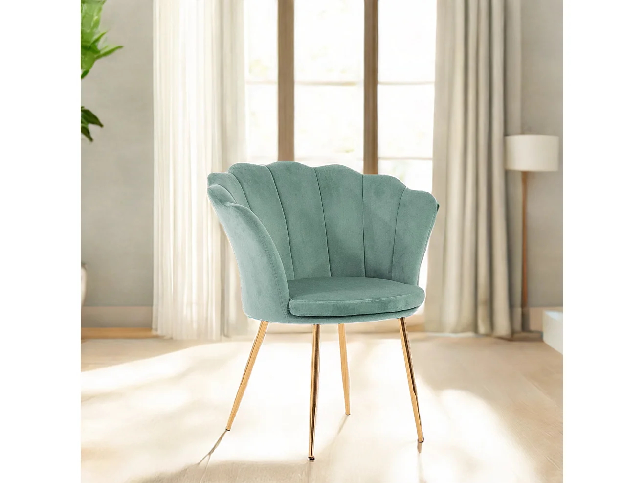 Fauteuil en velours d’intérieur en forme de coquillage,au design raffiné et élégant,pieds en métal,idéal pour chambre ou salon–Shelly–Vert/Or