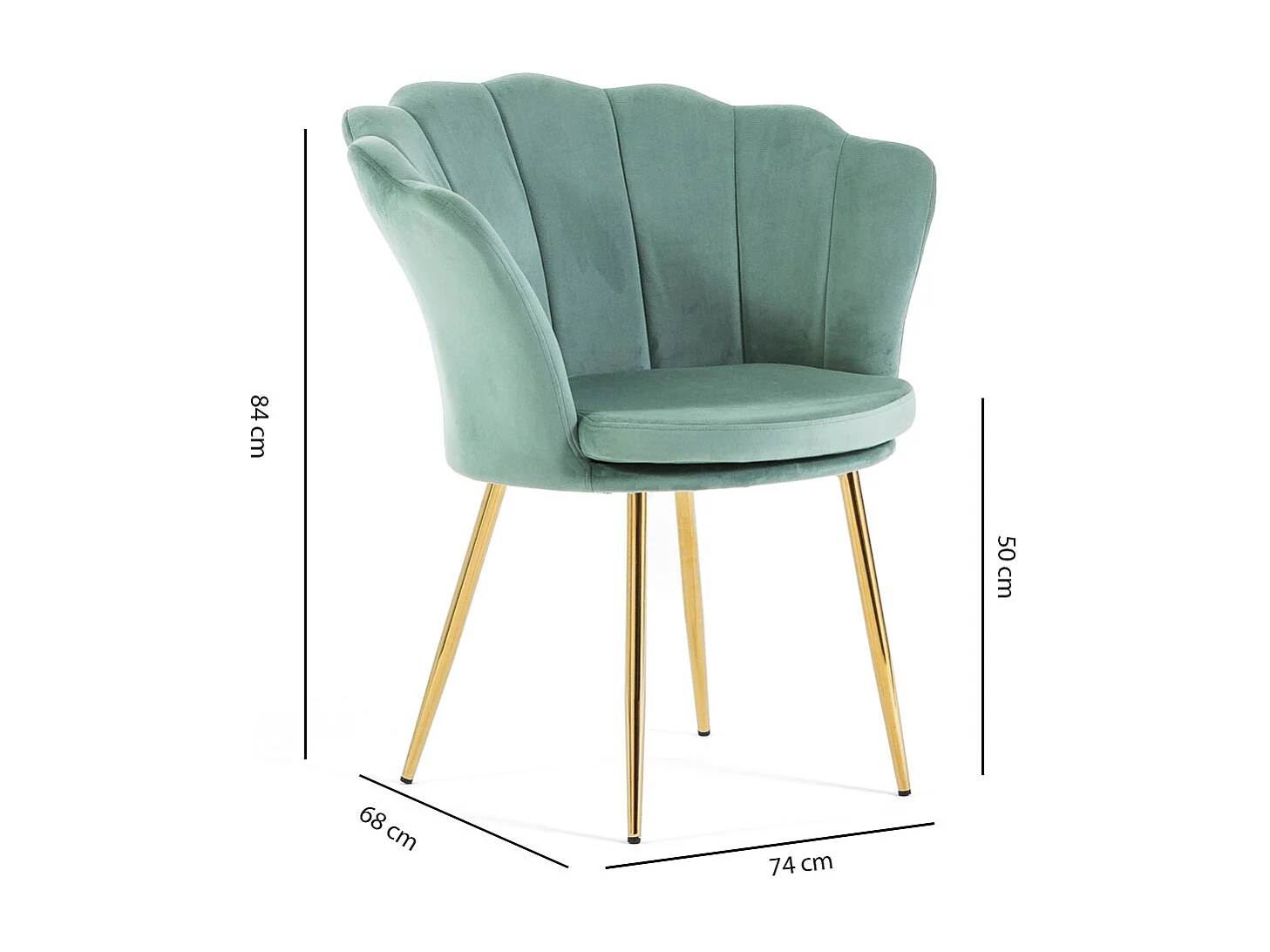 Fauteuil en velours d’intérieur en forme de coquillage,au design raffiné et élégant,pieds en métal,idéal pour chambre ou salon–Shelly–Vert/Or