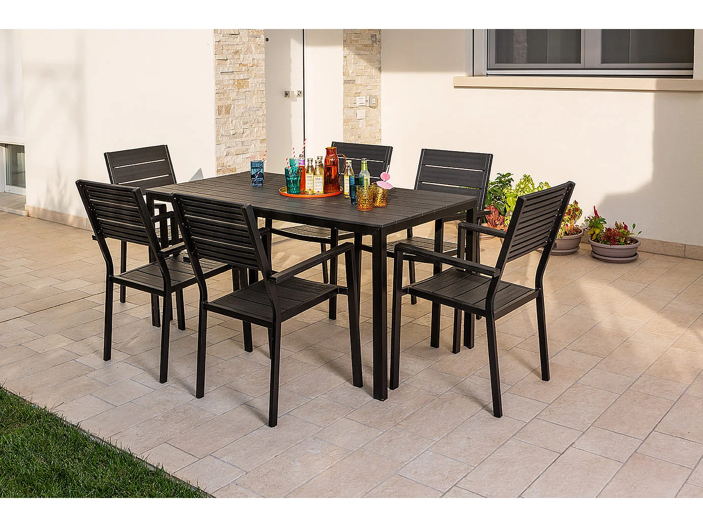 Table de jardin rectangulaire 156x78,structure en acier et lattes effet bois,6 places,style moderne pour jardin ou terrasse - THOMAS - Noir