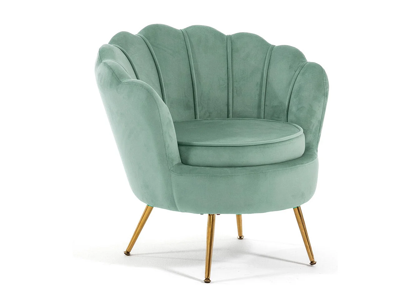 Fauteuil en velours d’intérieur en forme de coquillage,au design élégant,avec pieds en métal,idéal pour la chambre ou le salon–Perla–Vert menthe/Or
