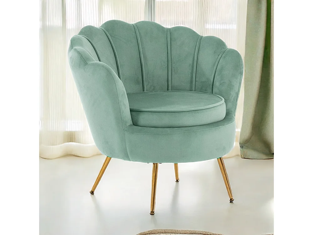 Fauteuil en velours d’intérieur en forme de coquillage,au design élégant,avec pieds en métal,idéal pour la chambre ou le salon–Perla–Vert menthe/Or