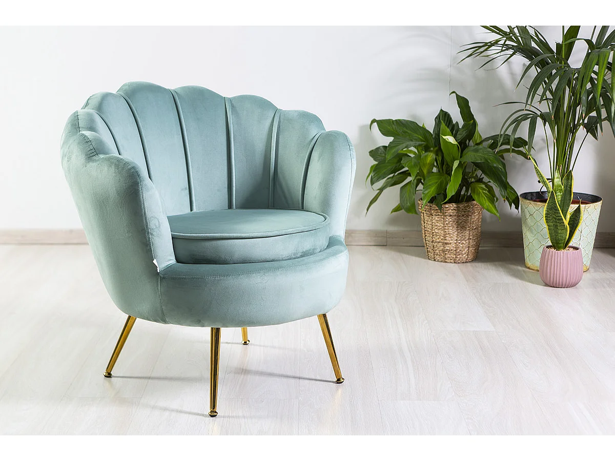 Fauteuil en velours d’intérieur en forme de coquillage,au design élégant,avec pieds en métal,idéal pour la chambre ou le salon–Perla–Vert menthe/Or