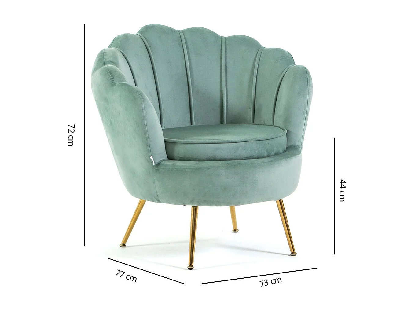 Fauteuil en velours d’intérieur en forme de coquillage,au design élégant,avec pieds en métal,idéal pour la chambre ou le salon–Perla–Vert menthe/Or