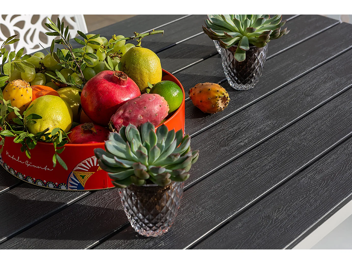 Table de jardin rectangulaire 156x78,structure en acier et lattes effet bois,6 places,style moderne pour jardin - THOMAS - Blanc/Ardoise