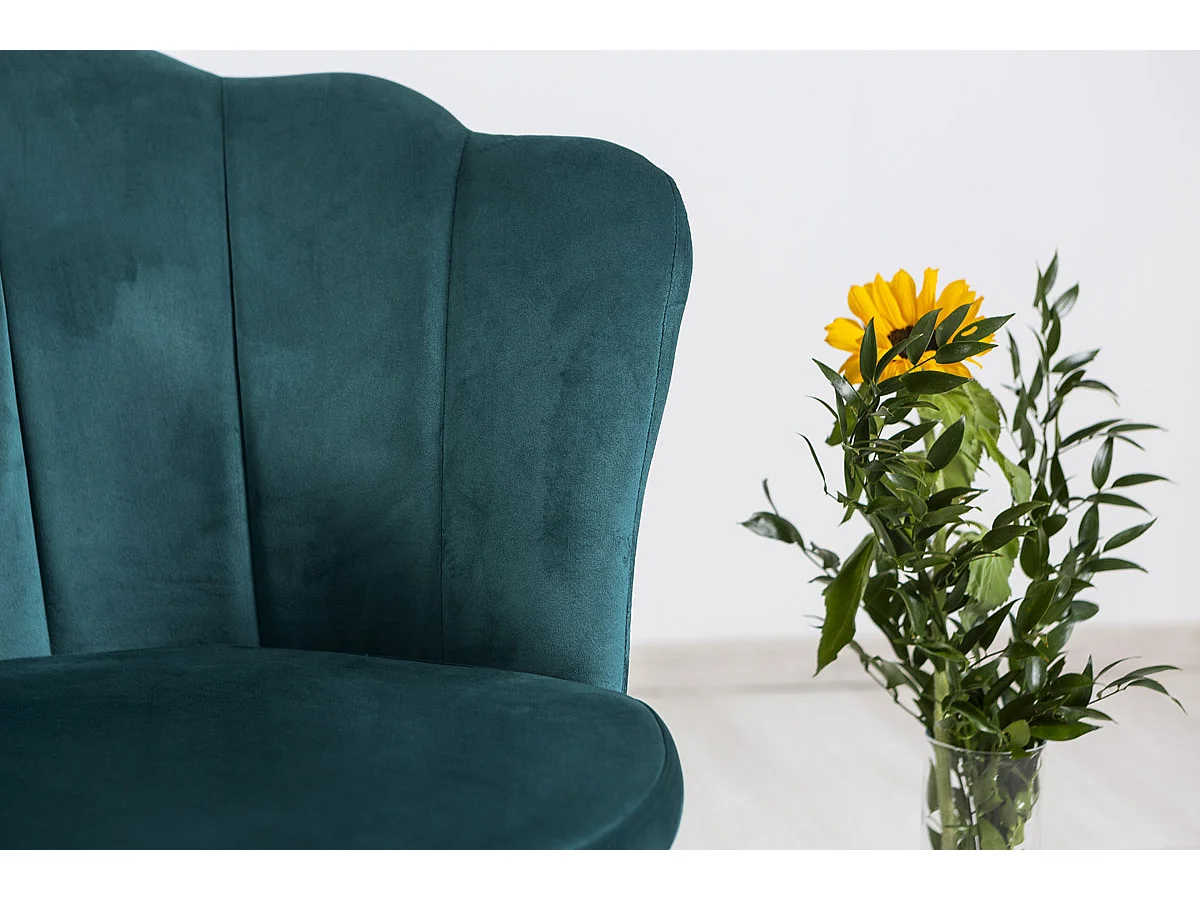 Fauteuil en velours d’intérieur en forme de coquillage,au design raffiné et élégant,pieds en métal,idéal pour chambre ou salon–Shelly–Bleu canard/Or