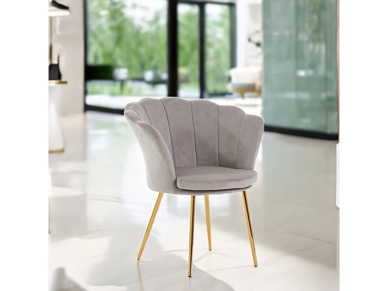 Fauteuil en velours d’intérieur en forme de coquillage,au design raffiné et élégant,avec pieds en métal, pour la chambre ou le salon–Shelly–Gris/Or