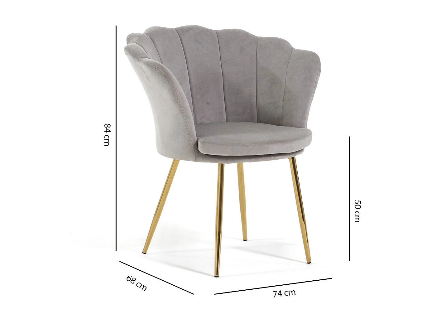Fauteuil en velours d’intérieur en forme de coquillage,au design raffiné et élégant,avec pieds en métal, pour la chambre ou le salon–Shelly–Gris/Or