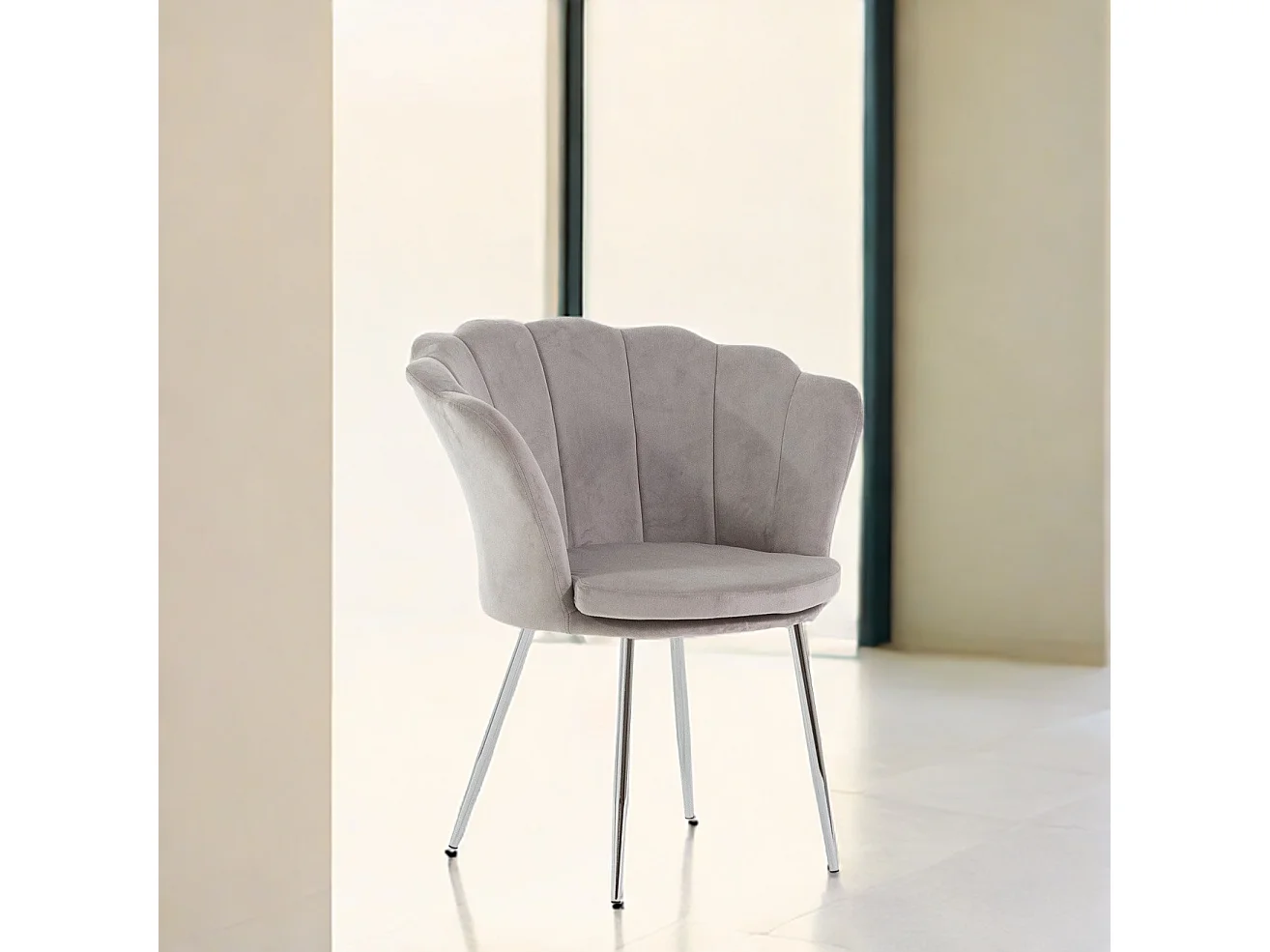 Fauteuil en velours d’intérieur en forme de coquillage, au design raffiné et élégant,pieds en métal,idéal pour chambre ou salon–Shelly–Gris/Argent