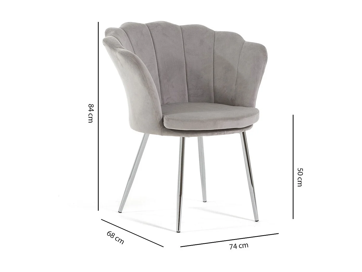 Fauteuil en velours d’intérieur en forme de coquillage, au design raffiné et élégant,pieds en métal,idéal pour chambre ou salon–Shelly–Gris/Argent