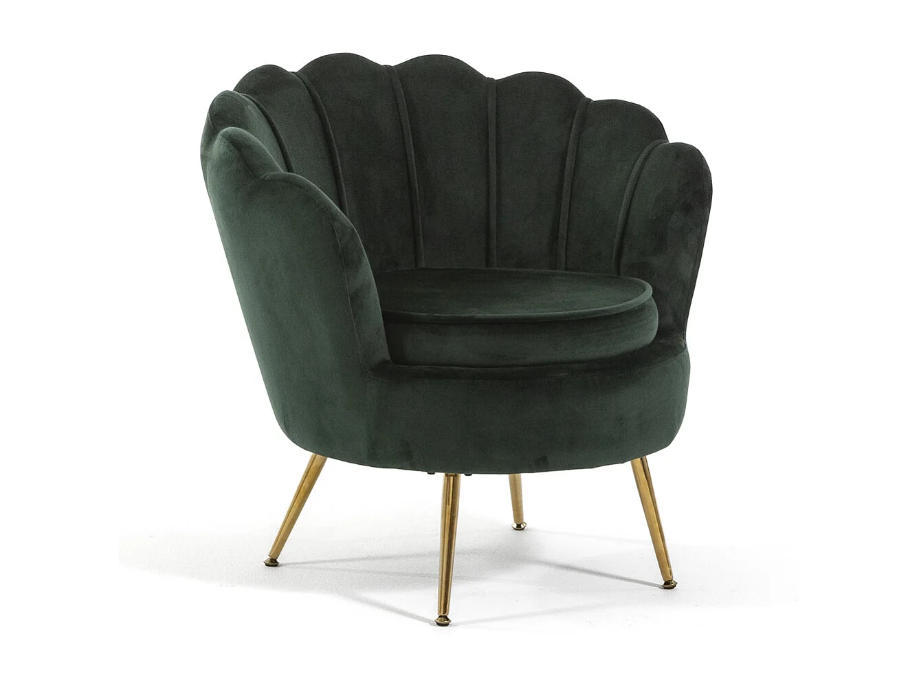 Fauteuil en velours d’intérieur en forme de coquillage,au design élégant,avec pieds en métal,idéal pour la chambre ou le salon–Perla–Vert foncé/Or