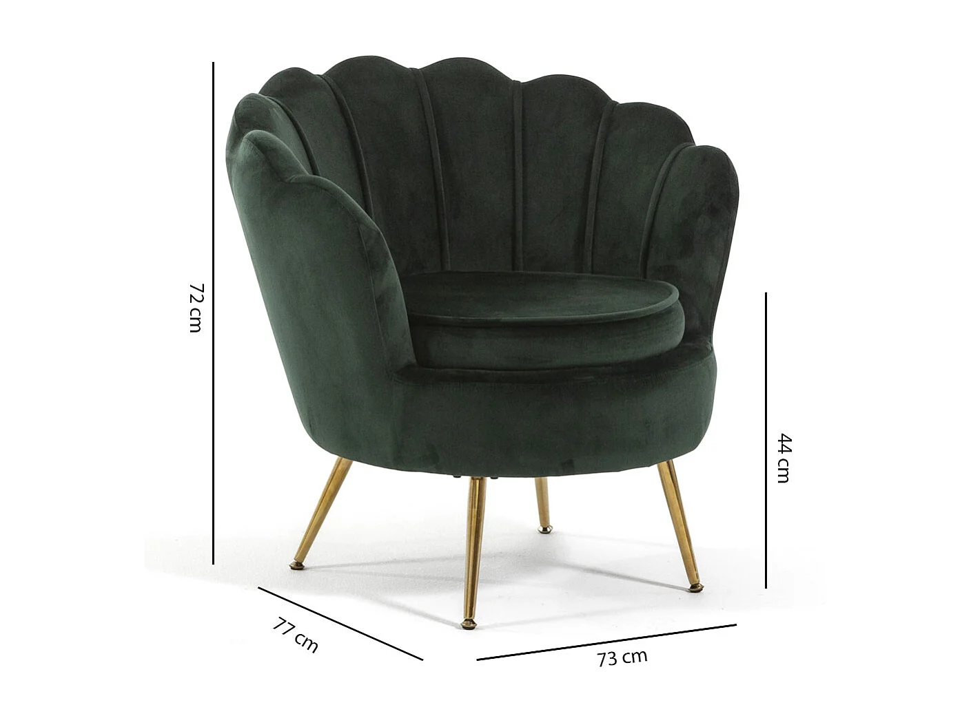 Fauteuil en velours d’intérieur en forme de coquillage,au design élégant,avec pieds en métal,idéal pour la chambre ou le salon–Perla–Vert foncé/Or