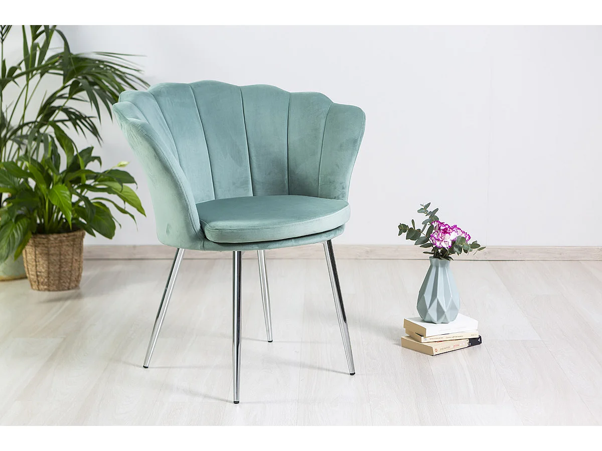 Fauteuil en velours d’intérieur en forme de coquillage,au design raffiné et élégant,pieds en métal,idéal pour chambre ou salon–Shelly–Vert/Argent
