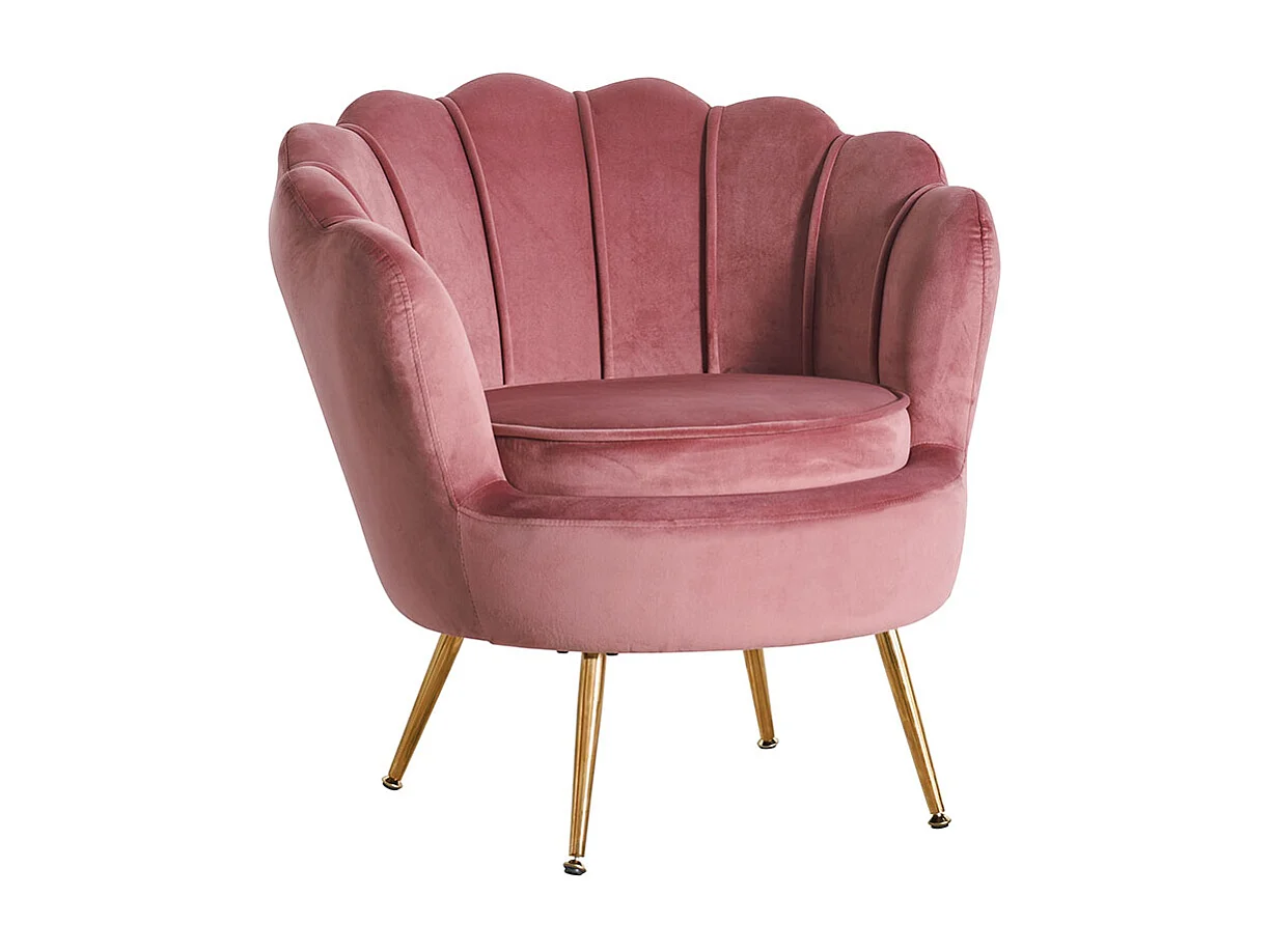 Fauteuil en velours d’intérieur en forme de coquillage, design raffiné et élégant,avec pieds en métal,idéal pour la chambre ou le salon–Perla–Rose/Or