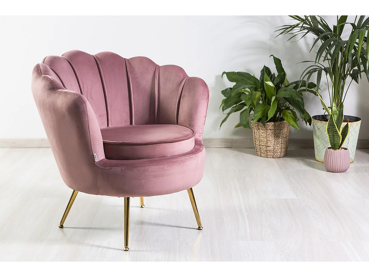 Fauteuil en velours d’intérieur en forme de coquillage, design raffiné et élégant,avec pieds en métal,idéal pour la chambre ou le salon–Perla–Rose/Or