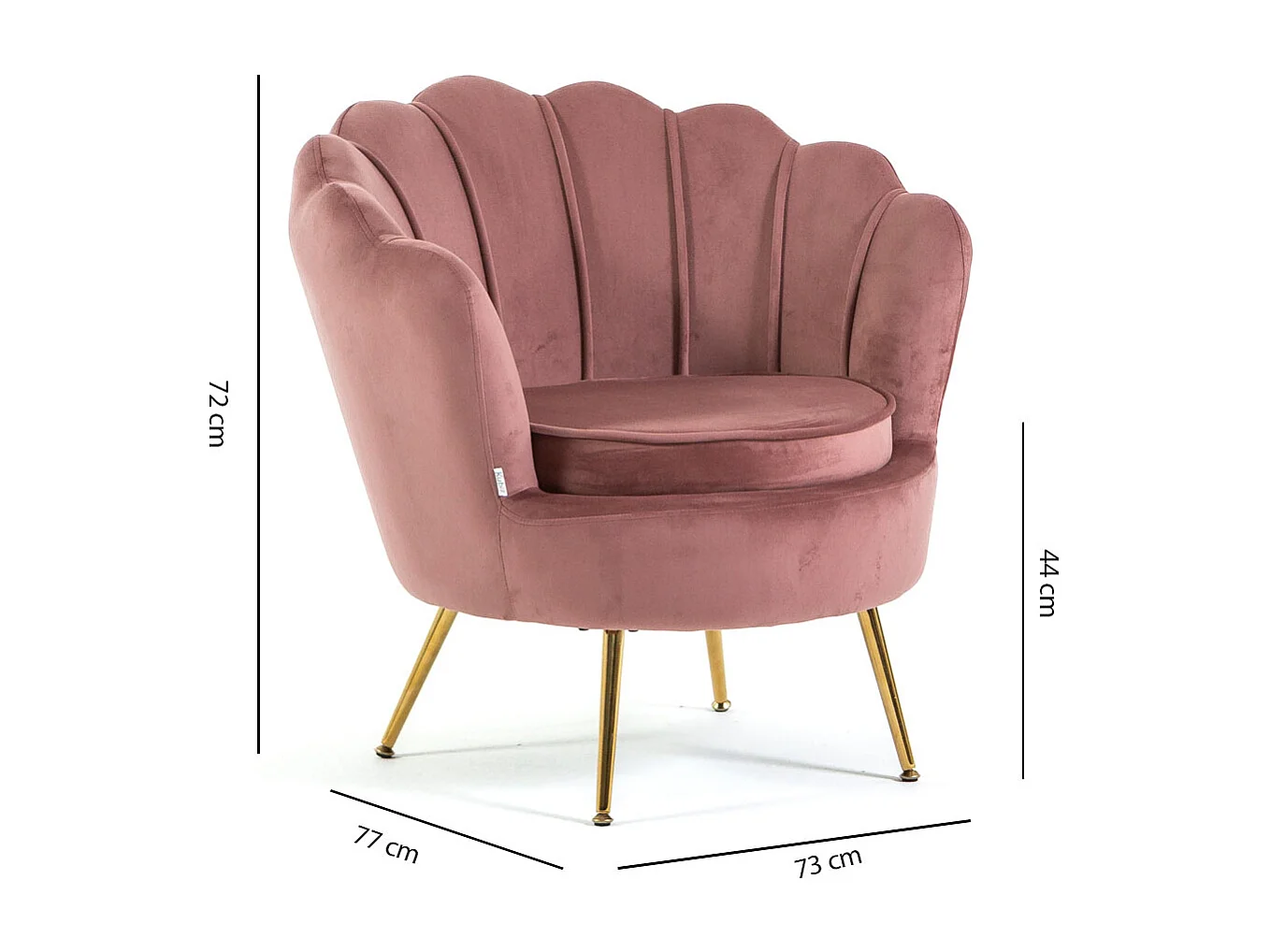 Fauteuil en velours d’intérieur en forme de coquillage, design raffiné et élégant,avec pieds en métal,idéal pour la chambre ou le salon–Perla–Rose/Or