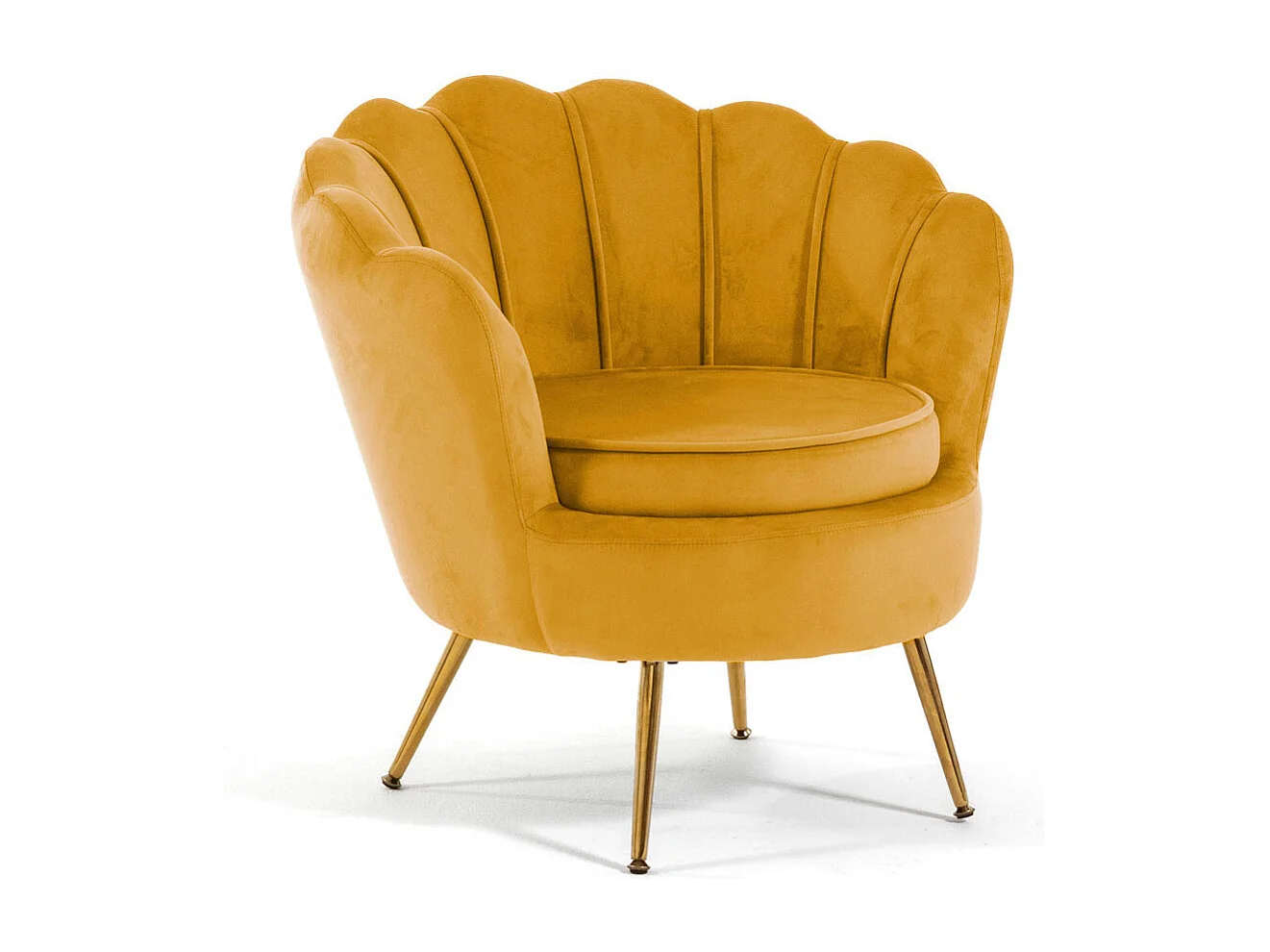 Fauteuil en velours d’intérieur en forme de coquillage, design raffiné,élégant,avec pieds en métal,idéal pour la chambre ou le salon–Perla–Moutarde/Or