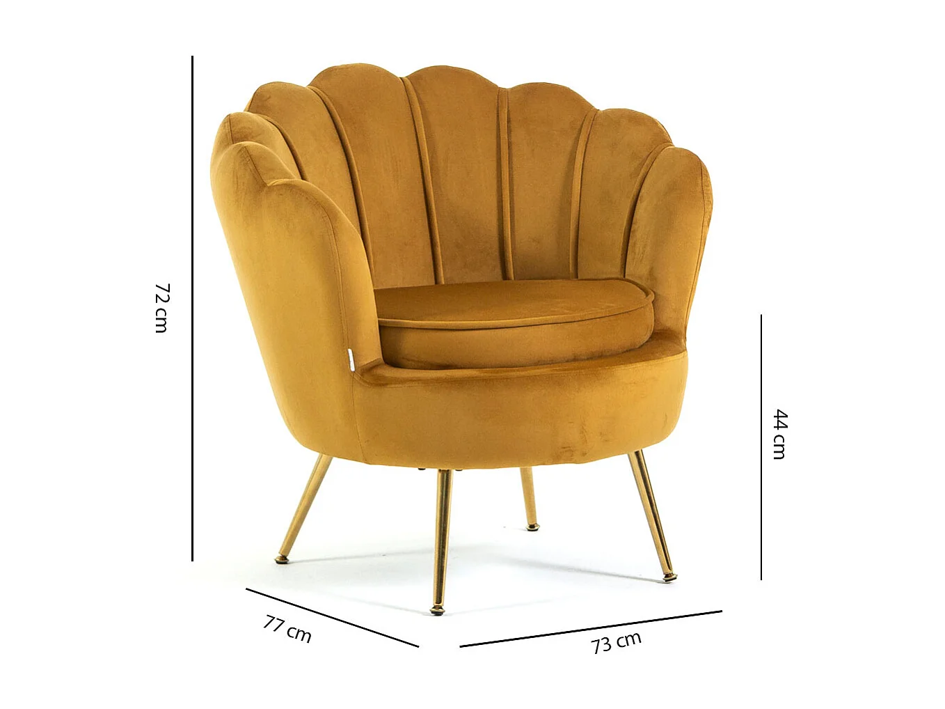 Fauteuil en velours d’intérieur en forme de coquillage, design raffiné,élégant,avec pieds en métal,idéal pour la chambre ou le salon–Perla–Moutarde/Or