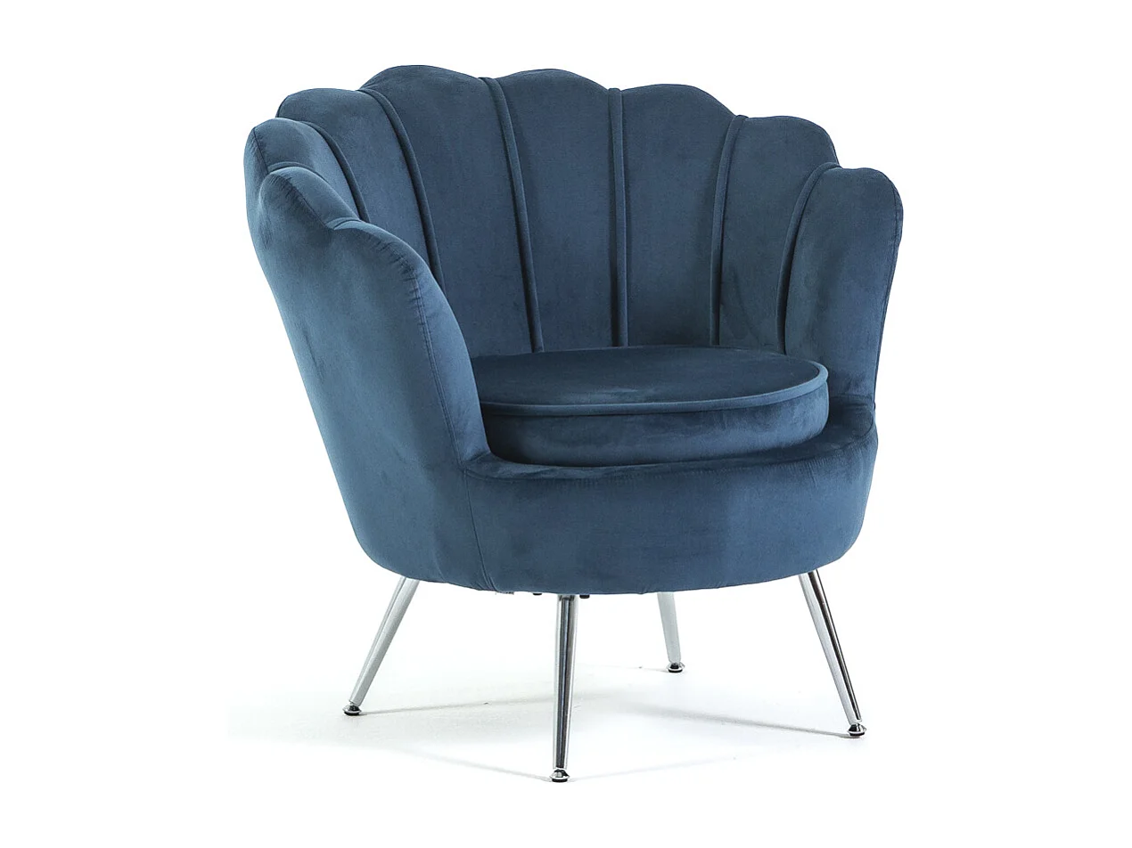 Fauteuil en velours d’intérieur en forme de coquillage,design raffiné, élégant,avec pieds en métal,idéal pour la chambre ou le salon–Perla–Bleu/Argent