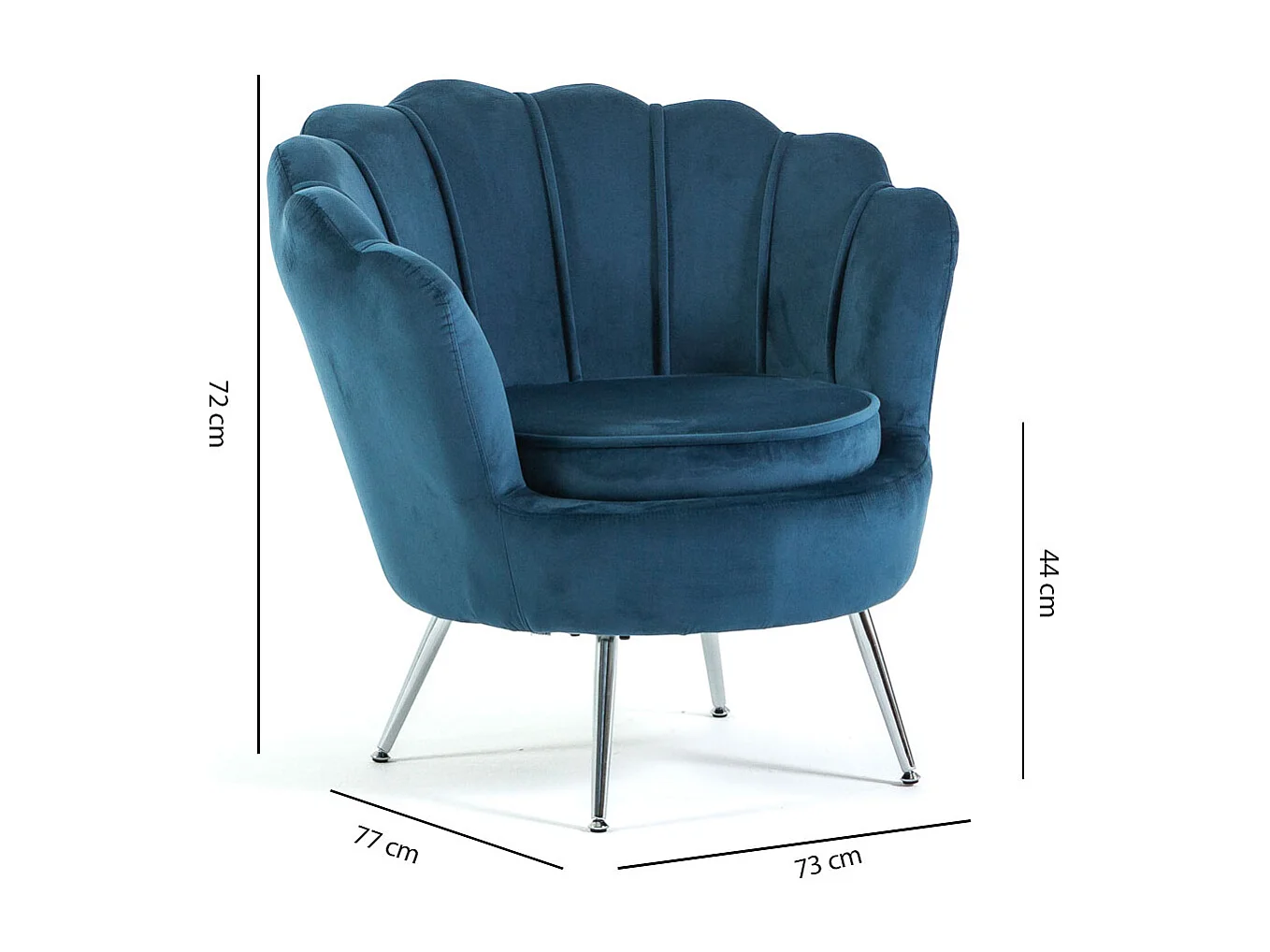 Fauteuil en velours d’intérieur en forme de coquillage,design raffiné, élégant,avec pieds en métal,idéal pour la chambre ou le salon–Perla–Bleu/Argent