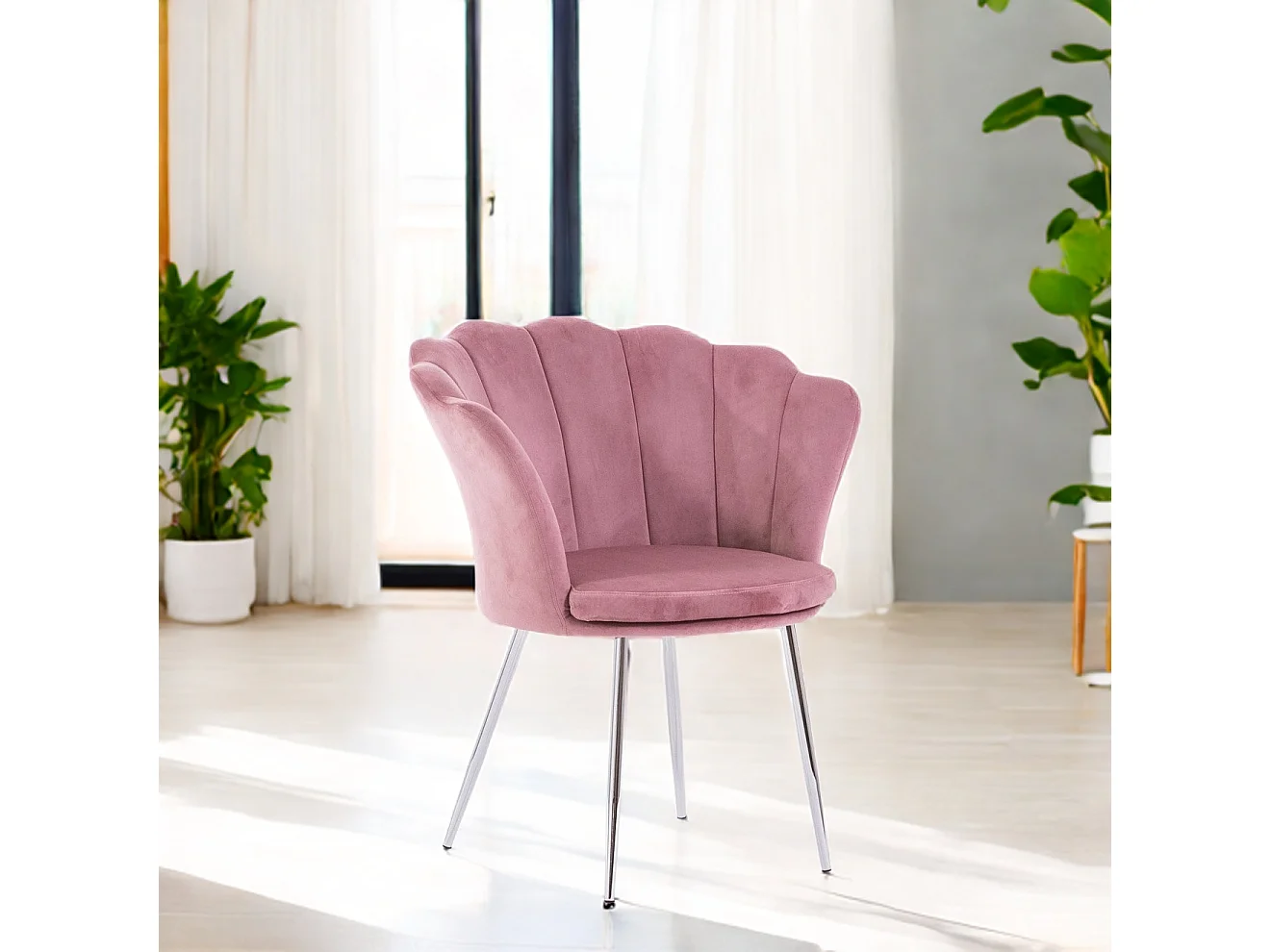 Fauteuil en velours d’intérieur en forme de coquillage,au design raffiné et élégant,pieds en métal,idéal pour chambre ou salon–Shelly–Rose/Argent