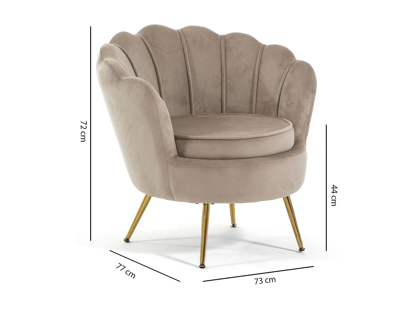 Poltrona da interno in velluto a forma di conchiglia, design raffinato ed elegante, gambe in metallo, ideale per camera o soggiorno – Perla – Beige/Oro