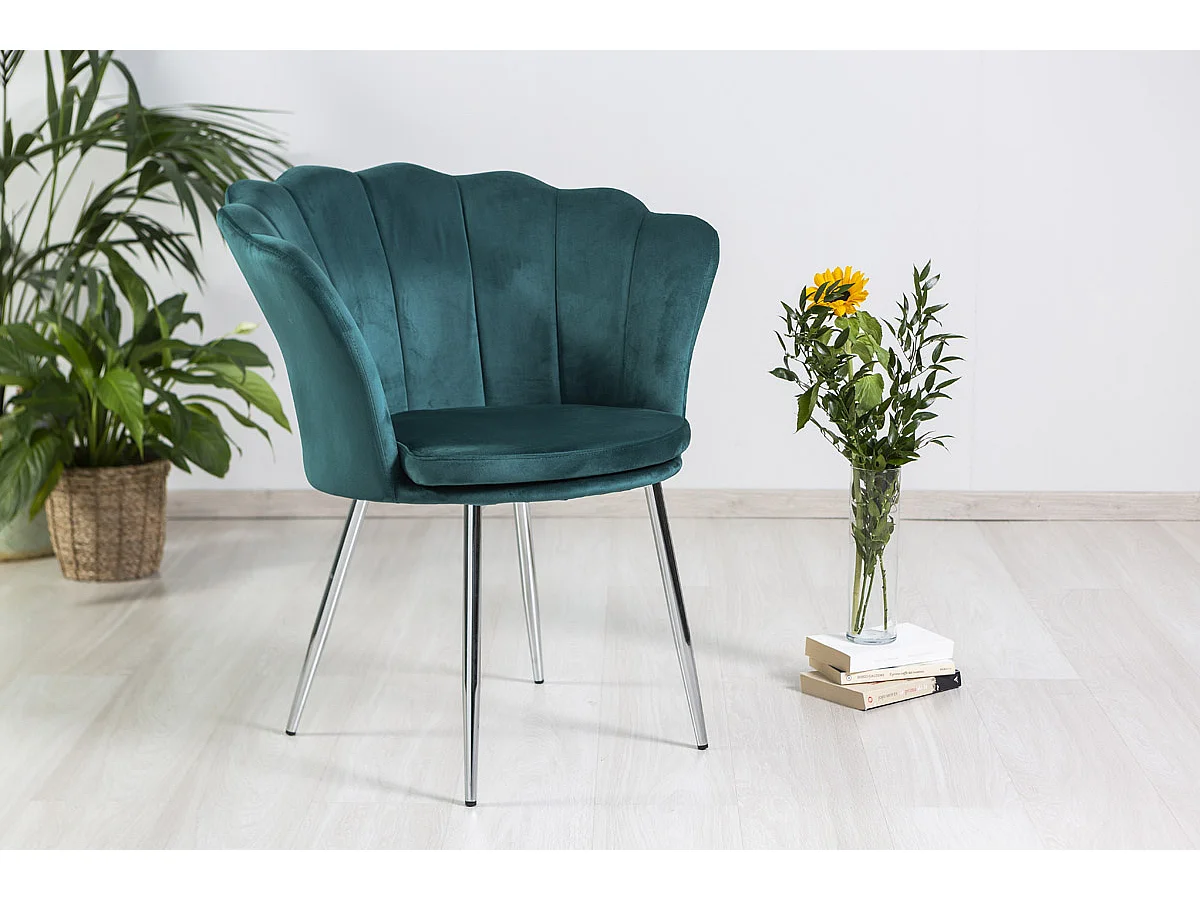 Fauteuil en velours d’intérieur en forme de coquillage,au design raffiné et élégant,pieds en métal,pour chambre ou salon–Shelly–Bleu canard/Argent