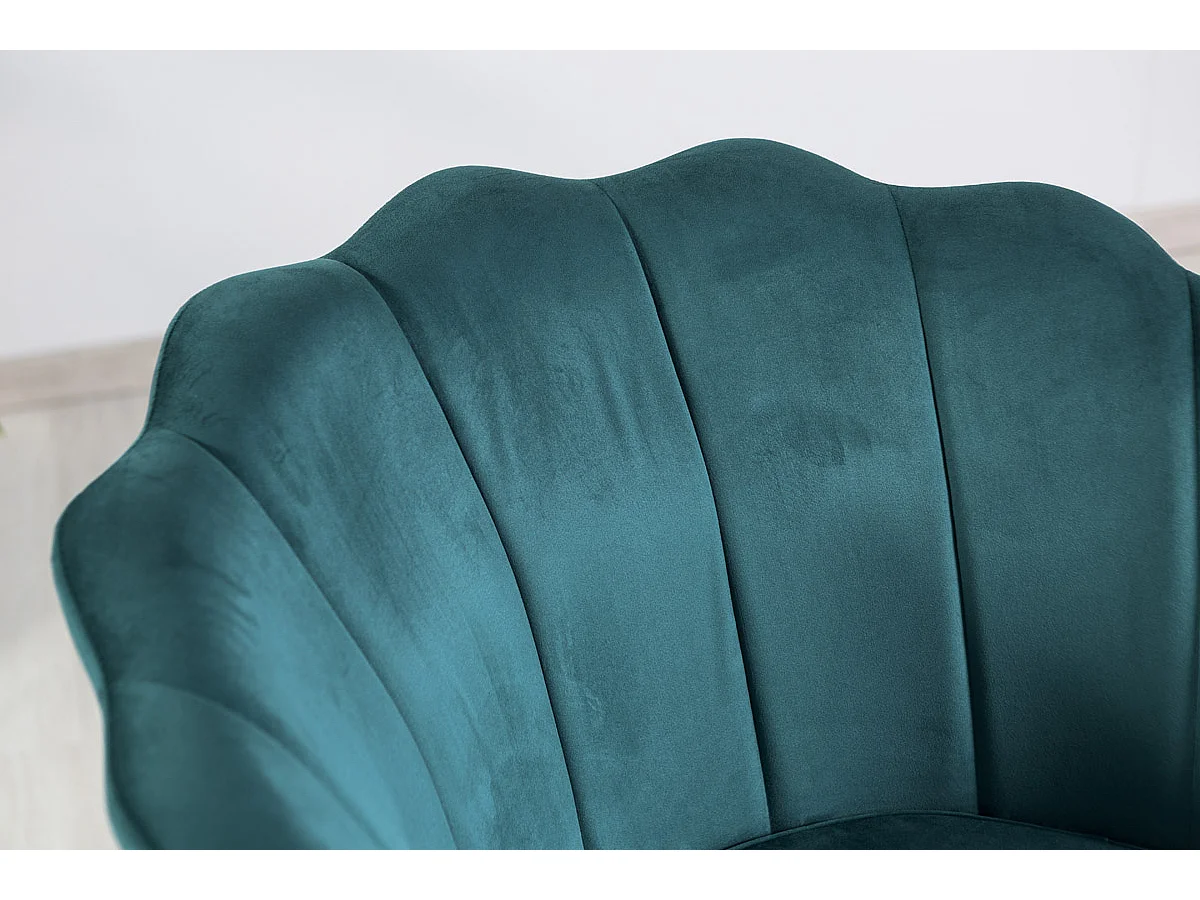Fauteuil en velours d’intérieur en forme de coquillage,au design raffiné et élégant,pieds en métal,pour chambre ou salon–Shelly–Bleu canard/Argent
