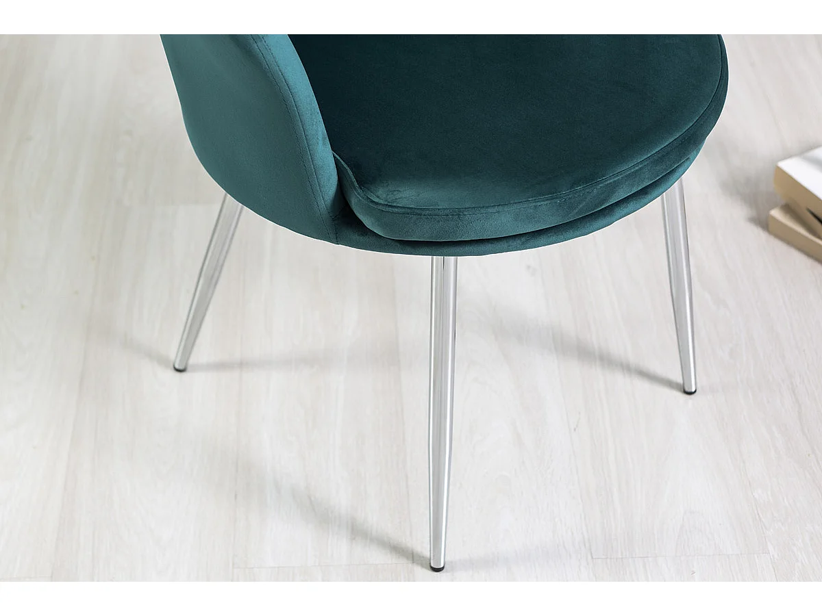 Fauteuil en velours d’intérieur en forme de coquillage,au design raffiné et élégant,pieds en métal,pour chambre ou salon–Shelly–Bleu canard/Argent