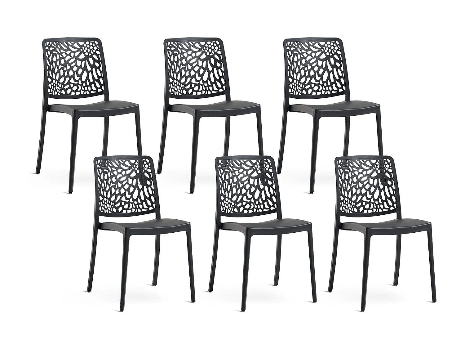 Lot de 6 chaises empilables en polypropylène renforcé de fibre de verre pour jardin ou intérieur, hydrofuges et résistantes, design moderne - SOLE - Noir