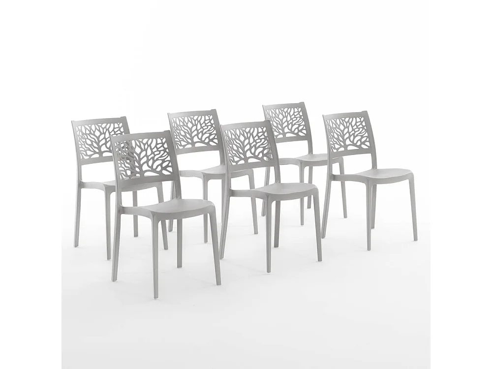 Lot de 6 chaises en polypropylène renforcé de fibre de verre empilables pour extérieur et jardin, bar, restaurant, cuisine design moderne - Flora - Gris clair