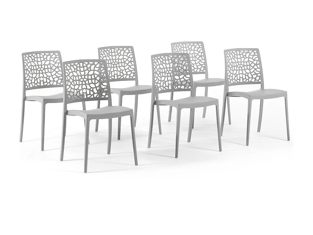 Lot de 6 chaises empilables en polypropylène renforcé de fibre de verre pour jardin ou intérieur, hydrofuges et résistantes, design moderne - ALINA - Gris clair