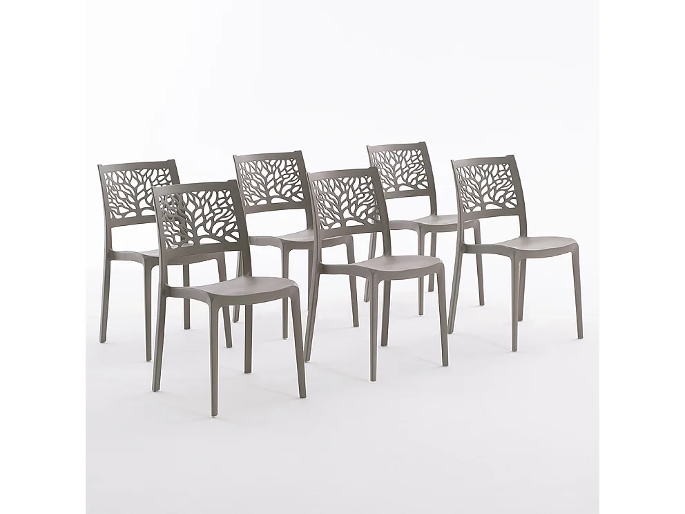 Lot de 6 chaises en polypropylène renforcé de fibre de verre empilables pour extérieur et jardin, bar, restaurant, cuisine design moderne - Flora - Taupe