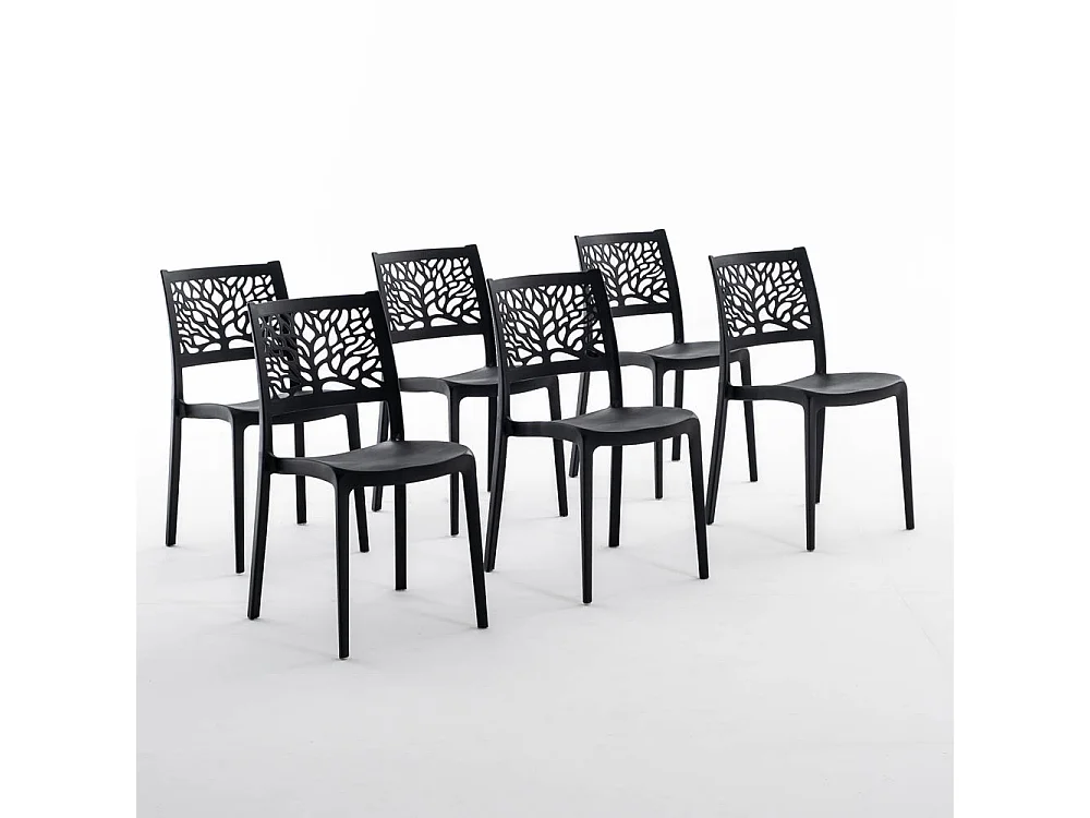Lot de 6 chaises en polypropylène renforcé de fibre de verre empilables pour extérieur et jardin, bar, restaurant, cuisine design moderne - Flora - Noir
