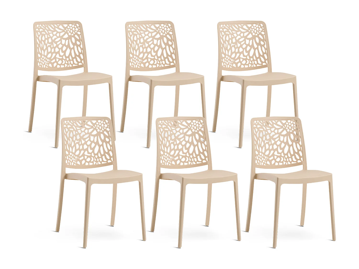 Lot de 6 chaises empilables en polypropylène renforcé de fibre de verre pour jardin ou intérieur, hydrofuges et résistantes, design moderne - SOLE - Crème
