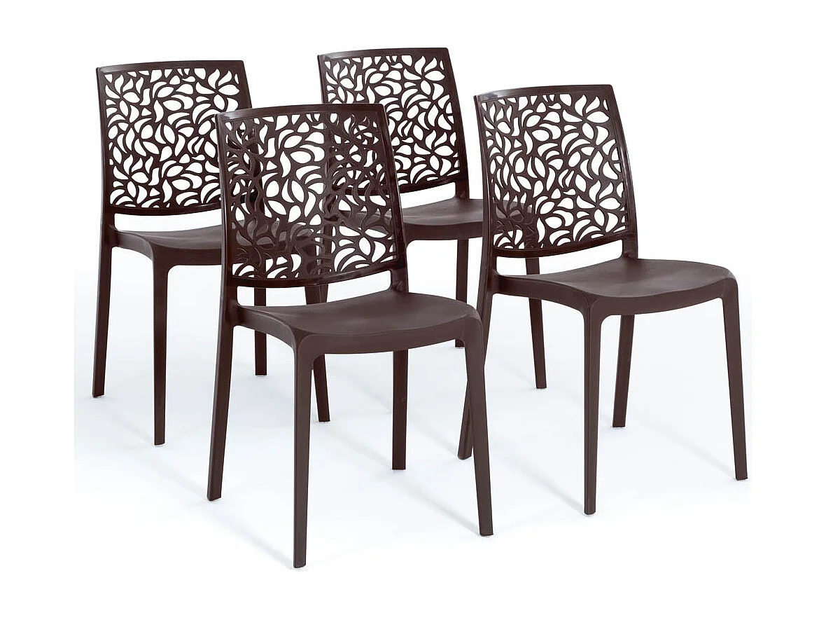 Lot de 4 chaises en polypropylène renforcé de fibre de verre empilables pour extérieur et jardin, bar, restaurant, cuisine design moderne - Anna - Moka
