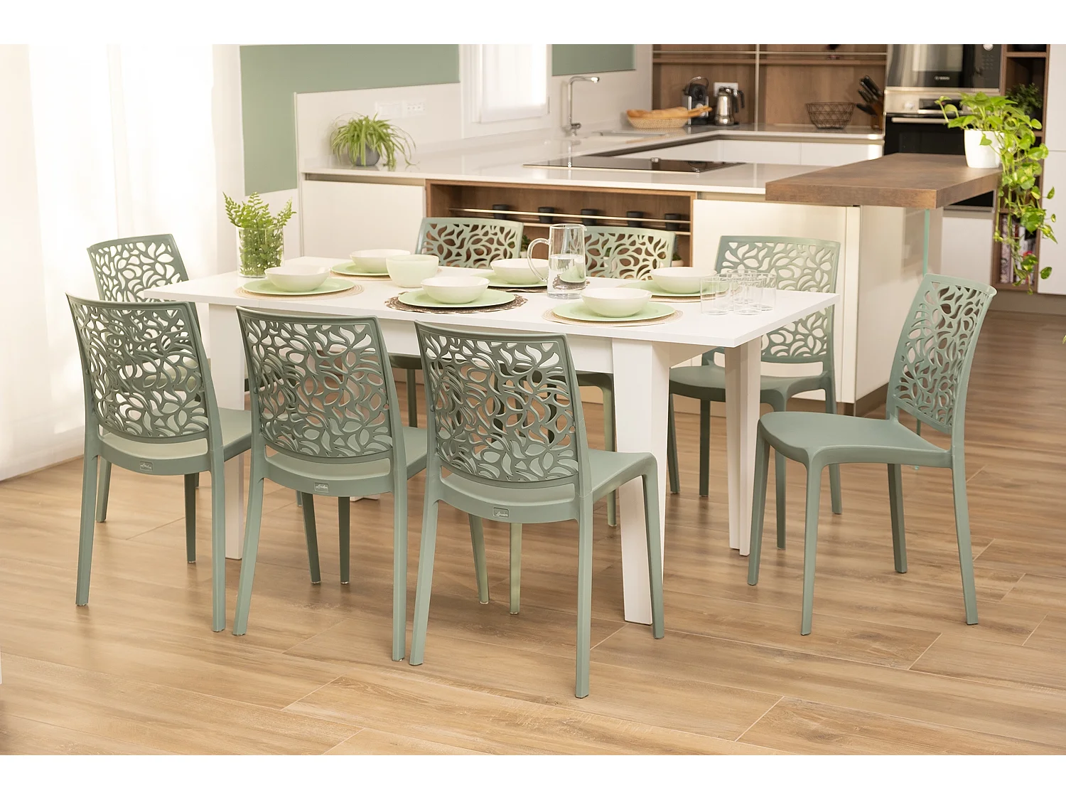 Lot de 4 chaises en polypropylène renforcé de fibre de verre empilables pour extérieur et jardin, bar, restaurant, cuisine design moderne - Anna - Sauge