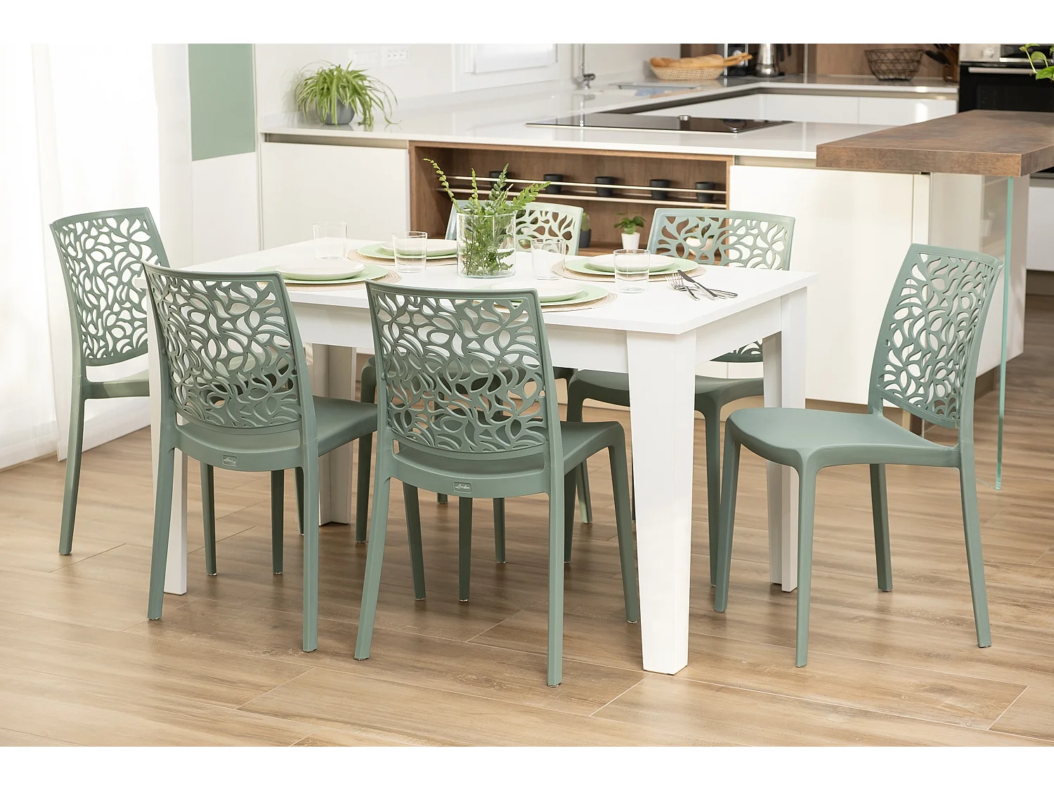 Lot de 6 chaises en polypropylène renforcé de fibre de verre empilables pour extérieur et jardin, bar, restaurant, cuisine design moderne - Anna - Sauge