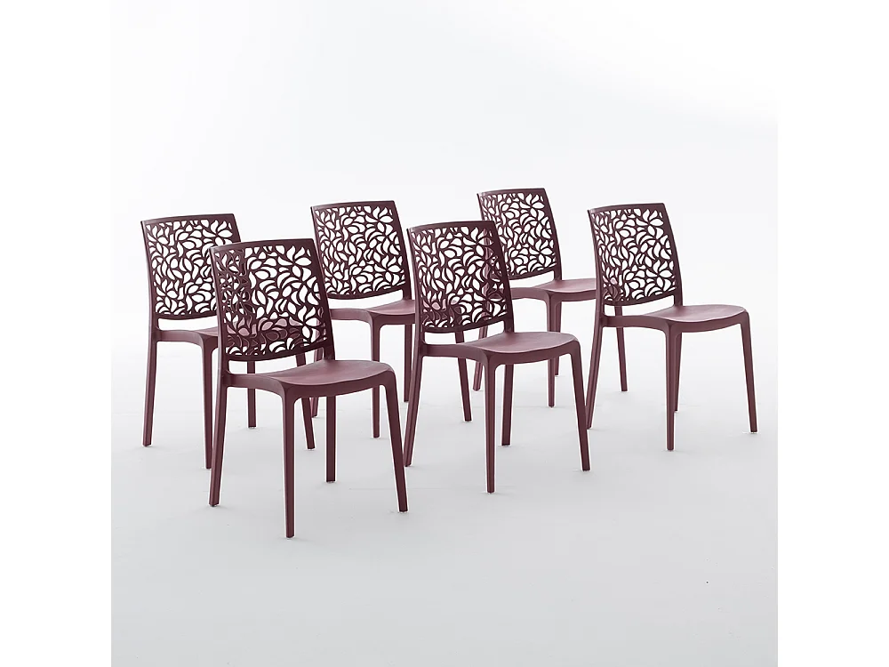 Lot de 6 chaises en polypropylène renforcé de fibre de verre empilables pour extérieur et jardin, bar, restaurant, cuisine design moderne - Anna - Merlot