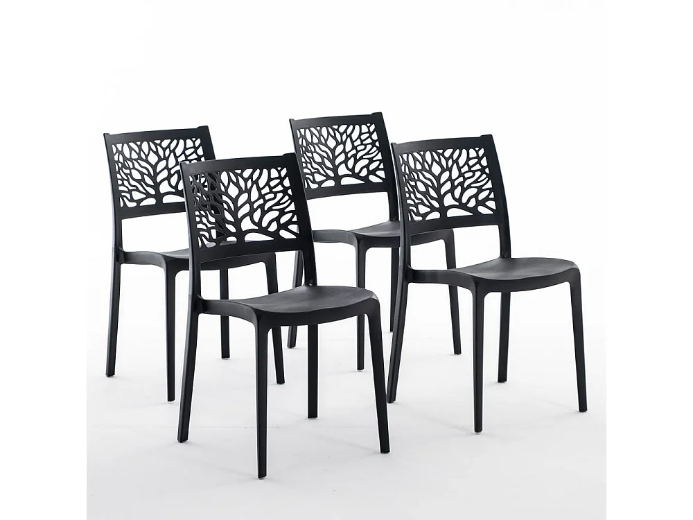 Lot de 4 chaises en polypropylène renforcé de fibre de verre empilables pour extérieur et jardin, bar, restaurant, cuisine design moderne - Flora - Noir