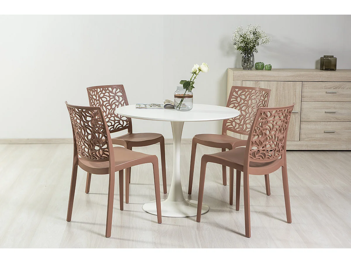Lot de 4 chaises en polypropylène, empilables, pour extérieur et jardin, bar et restaurant, cuisine au design moderne – Anna/Mocha Mousse