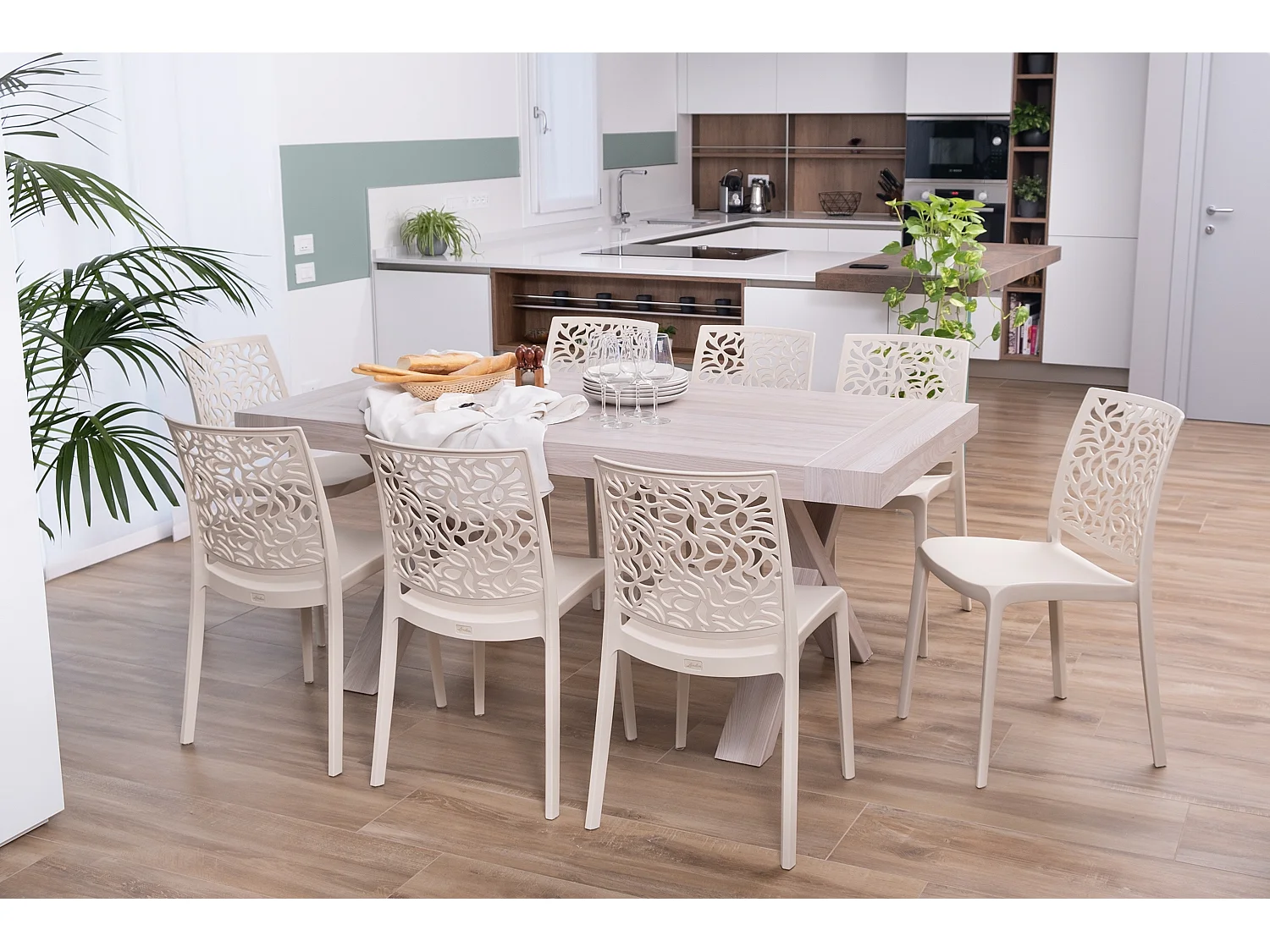 Set di 6 sedie impilabili in polipropilene rinforzato con fibra di vetro per esterno e giardino, bar, ristorante, cucina, design moderno – Anna – Crema