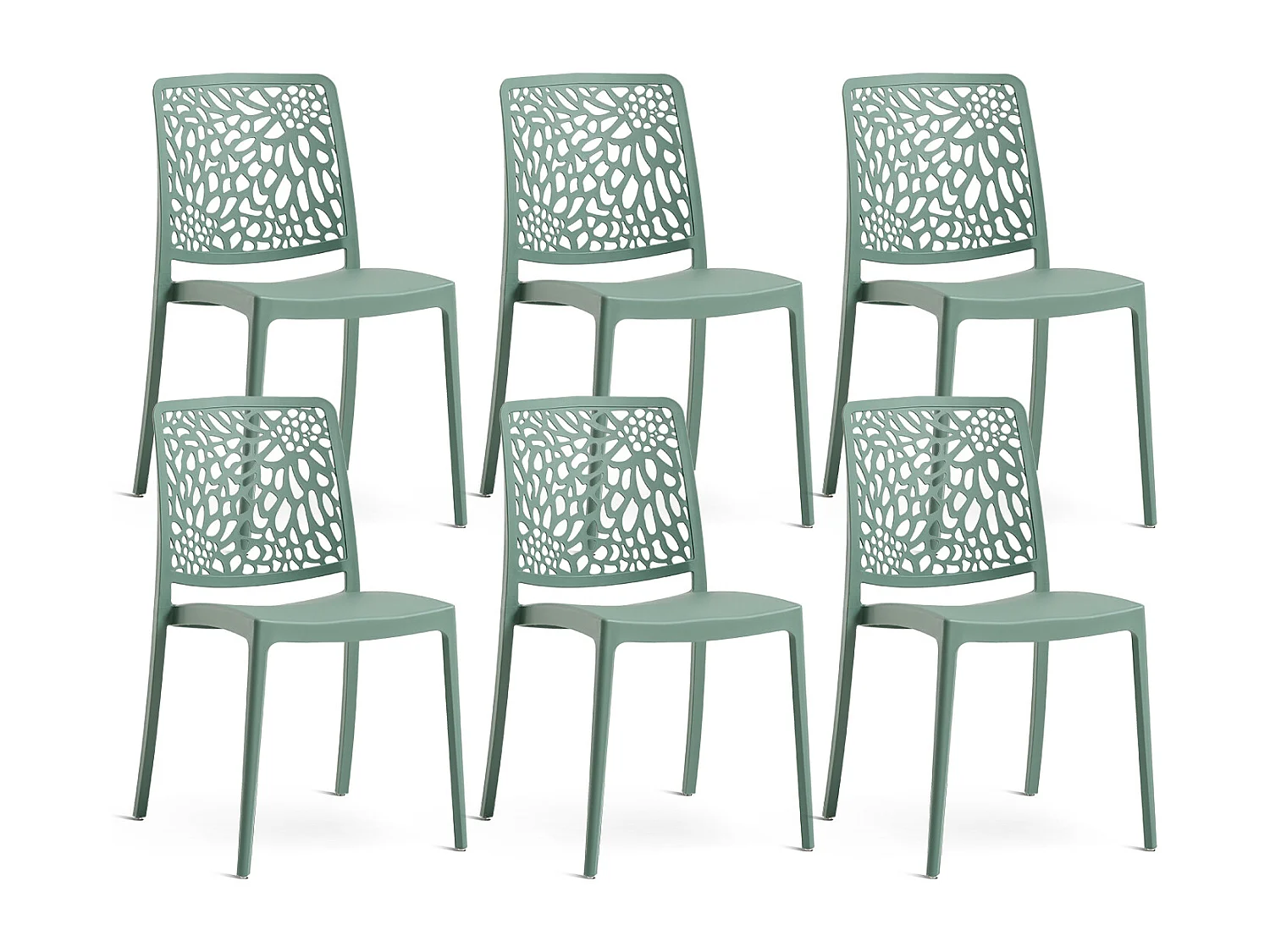Lot de 6 chaises empilables en polypropylène renforcé de fibre de verre pour jardin ou intérieur, hydrofuges et résistantes, design moderne - SOLE - Sauge