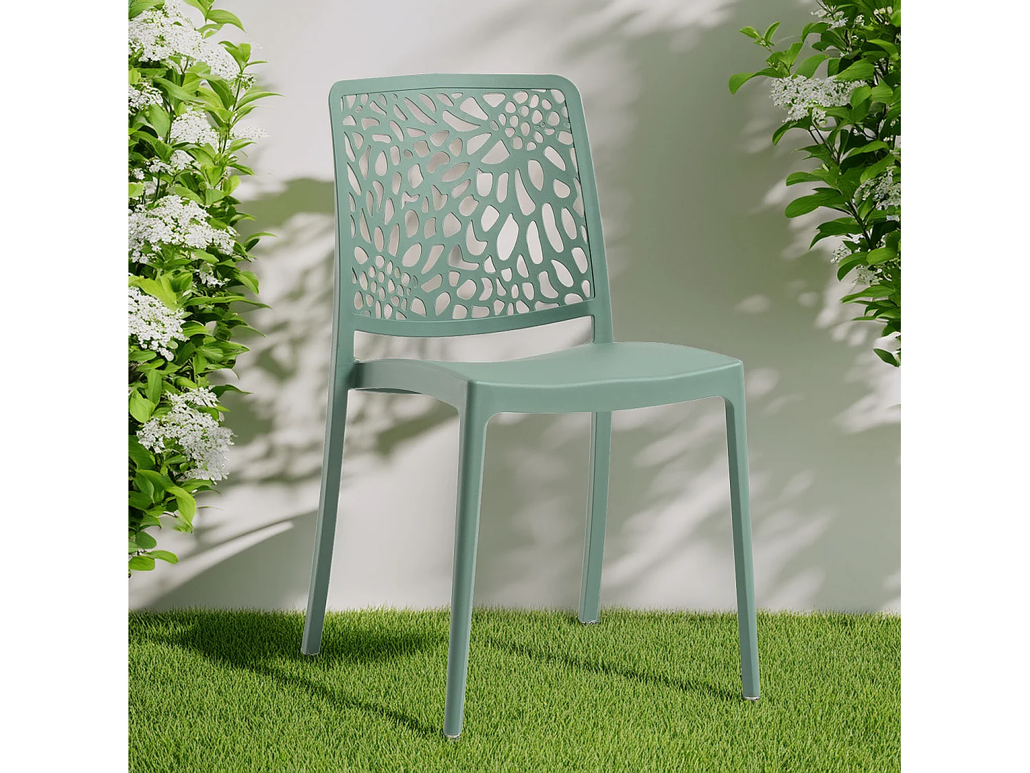 Lot de 6 chaises empilables en polypropylène renforcé de fibre de verre pour jardin ou intérieur, hydrofuges et résistantes, design moderne - SOLE - Sauge