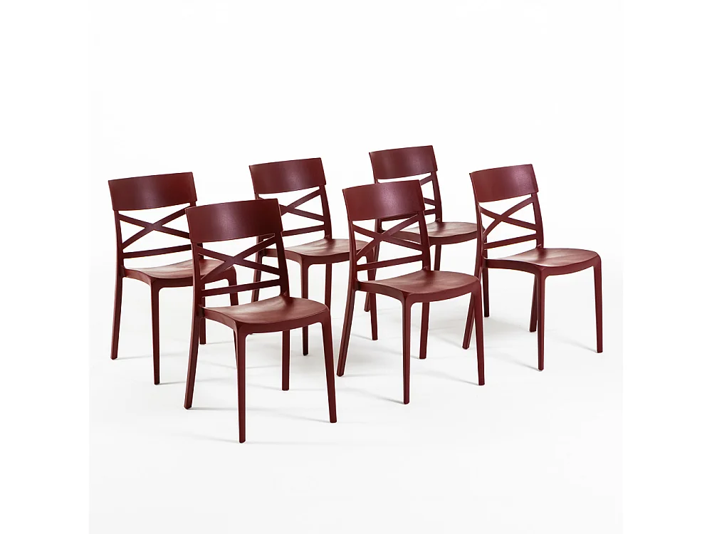 Lot de 6 chaises en polypropylène renforcé de fibre de verre empilables pour extérieur et jardin, bar, restaurant, cuisine design moderne - Martina - Merlot